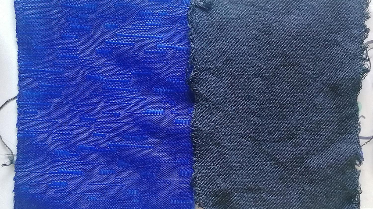 Fabrics (left PLA right Viscose) dyed first with exhaust process and then with vat process with Earth Color "Stone", copyright Mirtec