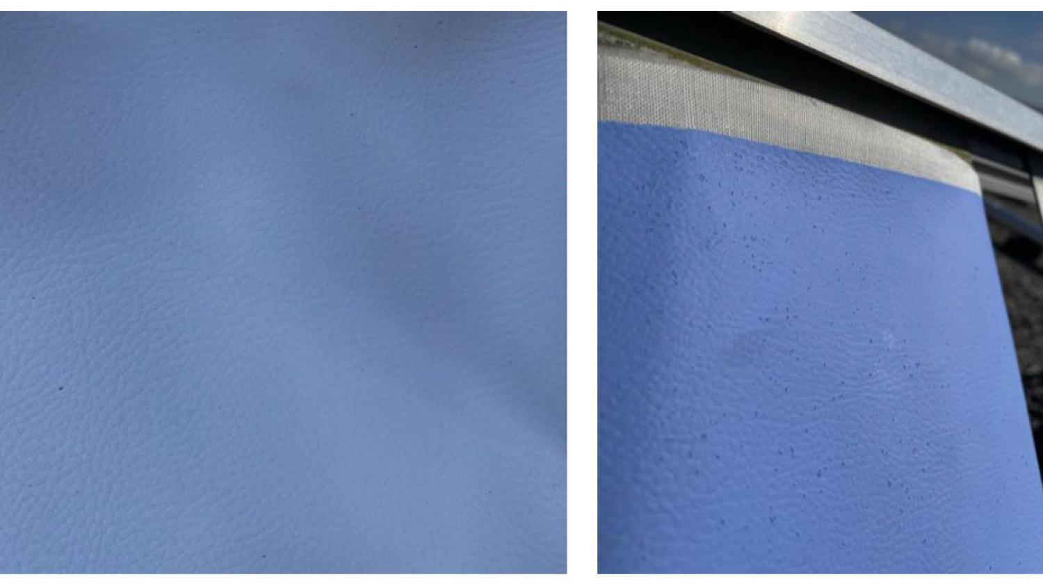 PHA artificial leather on linen fabric before (left) and after weathering (right), copyright CENTEXBEL